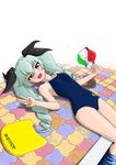  anchovy brown_eyes competition_school_swimsuit drill_hair girls_und_panzer green_hair highres kickboard long_hair lying one-piece_swimsuit school_swimsuit soaking_feet swimsuit twin_drills twintails v water yamucya01 
