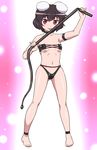  arm_strap bare_arms bare_legs bare_shoulders barefoot black_legwear breasts bunny choker collarbone dominatrix inaba_tewi latex latex_bra latex_panties licking licking_weapon looking_at_viewer navel panties pinky_out red_eyes shirosato short_hair small_breasts solo standing touhou underwear whip 