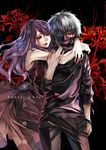  1girl black_nails black_sclera copyright_name cowboy_shot cracking_knuckles flower highres hug hug_from_behind kamishiro_rize kaneki_ken karlwolf lips long_hair looking_at_viewer mask nail_polish purple_hair red_eyes short_hair silver_hair spider_lily tokyo_ghoul 