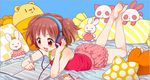  bare_shoulders barefoot bloomers bow bowtie brown_eyes brown_hair crown dress feet headphones heart lying notebook on_stomach open_mouth original pillow short_hair sleeveless smile soles solo star stuffed_animal stuffed_bunny stuffed_toy toes twintails underwear watomura 