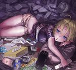  ahoge bad_id bad_pixiv_id bags_under_eyes blonde_hair blue_eyes can cellphone cigarette cigarette_box clothes_writing controller electric_fan elf facial_mark forehead_mark geeto_gaadian handheld_game_console lighter lying messy_room midriff navel on_side original phone pillow plate playstation_vita pointy_ears remote_control shirt shirt_lift short_hair shorts sketch smartphone smoking soda_can solo tissue_box 