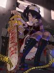  black_hair black_lagoon blood boots caution_tape chainsaw character_name electrolarynx goggles green_eyes highres looking_at_viewer sawyer_the_cleaner scar short_hair smile solo striped striped_legwear tanaka_noel thighhighs 