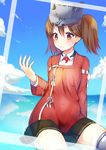  afloat bad_id bad_pixiv_id brown_eyes brown_hair day highres horizon japanese_clothes kantai_collection kariginu looking_at_viewer magatama ocean pleated_skirt ryuujou_(kantai_collection) shirako_sei sitting skirt sky smile solo twintails visor_cap wet wet_clothes 