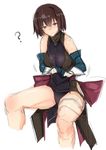  ? bare_shoulders blush breasts brown_eyes brown_hair cameltoe cosplay dressing elbow_gloves gloves hyuuga_(kantai_collection) kantai_collection large_breasts leotard rib:y(uhki) samurai_spirits shiki_(samurai_spirits) shiki_(samurai_spirits)_(cosplay) short_hair simple_background sitting solo taut_clothes white_background 