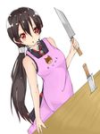  1girl akame akame_ga_kill! apron arm_guards black_hair character_request kitchen_knife knife long_hair looking_at_viewer pleated_skirt red_eyes skirt solo standing very_long_hair white_background 