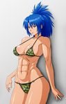  abs against_wall bikini blue_eyes blue_hair blush breasts camouflage camouflage_bikini cleavage highres large_breasts leona_heidern long_hair makani_kohitujito muscle navel ponytail sideboob solo strap_gap swimsuit the_king_of_fighters 