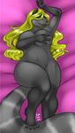  anthro big_breasts black_lips black_nose blonde_hair breasts covering covering_breasts female fluffy_tail fur green_eyes grey_fur hair lips long_hair looking_at_viewer lying mammal milf mother naomi_rasputin nightfaux nude on_back parent raccoon smile solo thick_thighs toes voluptuous wide_hips 