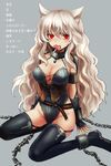  animal_ears blush boots breasts candy cat_ears chain cleavage commentary corset cuffs food grey_background highleg highleg_leotard jitome large_breasts leotard lollipop long_hair looking_at_viewer maho_moco original red_eyes shackles silver_hair solo sweat thigh_boots thighhighs translated wavy_hair 