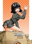  ass belt birthday black_hair blush boots braid brown_eyes carro_veloce_cv-33 emblem food girls_und_panzer goggles goggles_on_headwear ground_vehicle happy_birthday helmet italian jacket l3_(tank) long_sleeves looking_at_viewer looking_back military military_uniform military_vehicle miniskirt motor_vehicle one_eye_closed oosaka_kanagawa open_mouth pencil_skirt pepperoni_(girls_und_panzer) pizza polka_dot polka_dot_background short_hair side_braid skirt smile solo standing tank uniform 