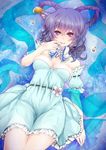  blue_dress blue_eyes blue_hair breasts curly_hair detached_collar dress fingers_to_mouth flower hair_ornament hair_stick highres kaku_seiga legs_together looking_at_viewer lying medium_breasts on_back rimu_(kingyo_origin) smile solo touhou 