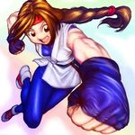  braid brown_eyes brown_hair converse dougi fang fingerless_gloves foreshortening gloves headband highres long_hair open_mouth punching shoes single_braid sneakers solo soon spandex the_king_of_fighters toned yuri_sakazaki 