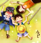  3boys bandage blonde_hair brothers brown_hair eyes_closed family freckles hand_holding hat monkey_d_luffy multiple_boys one_piece open_mouth pole portgas_d_ace sabo_(one_piece) sakurakuon siblings smile straw_hat tank_top top_hat younger 