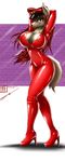  2014 2014hi_res absurd_res anthro badge big_breasts boots breasts canine cleavage clothed clothing female gold hair hands_on_head hat heels hi_res high_heels lates looking_at_viewer mammal metalfoxxx pose red_hair shiny skinsuit solo standing uniform wolf yellow_eyes 