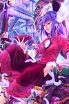  architecture artist_name breasts building cup dated dress east_asian_architecture embellished_costume flower hair_flower hair_ornament highres holding lantern looking_away medium_breasts mirror mishaguji outdoors purple_hair red_eyes rope rovyt sakazuki scroll shimenawa signature sitting snake solo touhou yasaka_kanako 