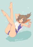  armpits barefoot blush brown_eyes brown_hair bubble dark_skin full_body holding_breath i-401_(kantai_collection) kamoto_tatsuya kantai_collection legs_up looking_at_viewer one-piece_swimsuit ponytail sailor_collar sailor_collar_lift school_swimsuit school_uniform short_hair short_ponytail simple_background solo swimsuit underwater 