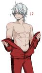  ? abs bad_id bad_pixiv_id blue_eyes dante_(devil_may_cry) devil_may_cry dishing male_focus muscle navel pectorals silver_hair solo track_suit undressing 