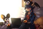  absurdres black_hair computer eating emolga food fudou_yuusei gen_5_pokemon highres laptop male_focus pillow pocky pokemon pokemon_(creature) sitting transistor yuu-gi-ou yuu-gi-ou_5d's 