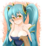  aqua_hair bad_id bad_pixiv_id blush breast_grab breasts cleavage dress grabbing hair_ornament hand_on_own_cheek jackkazu39 large_breasts league_of_legends long_hair looking_at_viewer solo_focus sona_buvelle strapless strapless_dress sweatdrop twintails wavy_mouth wide_sleeves yellow_eyes 