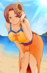  adjusting_hair bad_id bad_pixiv_id beach blush breasts brown_hair covered_nipples day flower hair_flower hair_ornament jackkazu39 large_breasts league_of_legends leaning_forward leona_(league_of_legends) long_hair looking_at_viewer ocean pool_party_leona red_eyes smile solo sunflower_hair_ornament swimsuit 