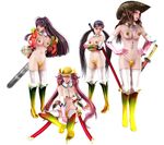  3d 4girls alternate_costume aya_(oneechanbara) banana collar cowboy_hat food fruit gloves hairband hat kagura_(oneechanbara) multiple_girls official_art oneechanbara saaya_(oneechanbara) saki_(oneechanbara) strawberry thighhighs twintails weapon weapons 