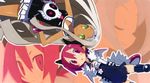  boots closed_eyes cosplay costume_switch disgaea green_eyes hands_on_hips harada_takehito horns knee_boots long_hair makai_senki_disgaea_3 multiple_girls official_art pink_eyes pink_hair pleated_skirt raspberyl raspberyl_(cosplay) sapphire_rhodonite sapphire_rhodonite_(cosplay) school_uniform serafuku short_hair skirt smile symbol_in_eye tan white_hair white_skirt 