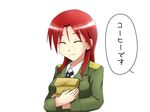  bag closed_eyes isosceles_triangle_(xyzxyzxyz) long_hair military military_uniform minna-dietlinde_wilcke paper_bag red_hair smile solo strike_witches translated uniform world_witches_series 