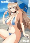  alternate_costume arm_support atago_(kantai_collection) beach beret bikini blonde_hair blue_bikini blue_eyes breasts character_name day hat highres kantai_collection large_breasts long_hair looking_at_viewer looking_to_the_side navel ocean open_mouth outdoors parasol sakamoto_(shouten) side-tie_bikini sideboob smile solo stomach swimsuit umbrella untied untied_bikini v 