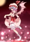  absurdres bat_wings bloomers castle dress dress_lift hat hat_ribbon highres humangate lavender_hair mob_cap moon night red_eyes remilia_scarlet ribbon short_hair sky star_(sky) starry_sky touhou underwear wings 