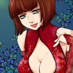  anna_williams bangs bare_shoulders blue_eyes blunt_bangs bob_cut breasts bridal_gauntlets brown_hair china_dress chinese_clothes cleavage cleavage_cutout dress elbow_gloves enushi_(3_7_1) eyelashes eyeliner gloves large_breasts light_smile lips lipstick makeup short_hair solo tekken upper_body 