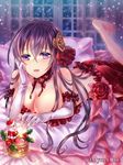  angelmaster barefoot bed breasts cleavage elbow_gloves gloves grey_hair hair_ornament kahlua_(angelmaster) large_breasts long_hair looking_at_viewer lying neme official_art on_stomach purple_eyes solo white_gloves 