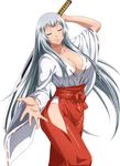  breasts chouun_shiryuu cleavage closed_eyes collarbone hakama holding holding_sword holding_weapon ikkitousen japanese_clothes jpeg_artifacts large_breasts long_hair miko red_hakama silver_hair simple_background solo sword weapon white_background 
