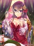  alcohol angelmaster black_hair breasts champagne cleavage dress gift glass hair_ornament holding kahlua_(angelmaster) large_breasts long_hair looking_at_viewer neme official_art purple_eyes red_dress smile solo 