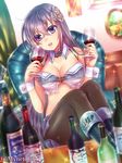  alcohol angelmaster blurry breasts champagne cleavage depth_of_field glass hair_ornament holding kahlua_(angelmaster) large_breasts long_hair looking_at_viewer midriff neme official_art open_mouth pantyhose purple_eyes silver_hair solo 