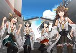  ahoge bad_id bad_pixiv_id black_hair blue_eyes blue_sky boots breasts brown_eyes brown_hair clenched_hands cloud day detached_sleeves double_bun drawbridge grin hand_on_hip haruna_(kantai_collection) hiei_(kantai_collection) highres kantai_collection kirishima_(kantai_collection) kongou_(kantai_collection) large_breasts leg_up lineup looking_at_viewer miniskirt multiple_girls nontraditional_miko open_mouth outdoors pantyhose plaid plaid_skirt pleated_skirt rane_(etsu) ribbon-trimmed_sleeves ribbon_trim short_hair skirt sky sleeves_past_wrists smile standing thigh_boots thighhighs wide_sleeves zettai_ryouiki 