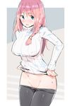  black_legwear blue_eyes blush bottomless braid breasts clothes_lift covered_nipples cowboy_shot ddal groin large_breasts long_hair looking_at_viewer naked_sweater open_mouth original pantyhose pantyhose_pull pink_hair ribbed_sweater smile solo sweater sweater_lift turtleneck 