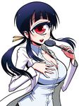  black_hair breasts cleavage cyclops hand_on_own_chest hitomi_sensei_no_hokenshitsu labcoat large_breasts long_hair long_sleeves looking_at_viewer manaka_hitomi official_art one-eyed ponytail red_eyes school_nurse shake-o sidelocks simple_background solo white_background 