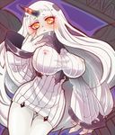  :&lt; bad_id bad_pixiv_id bare_shoulders blush breasts covered_nipples detached_sleeves dress hand_on_own_cheek horn horns kantai_collection kero_ko large_breasts long_hair pale_skin red_eyes ribbed_dress seaport_hime shinkaisei-kan short_dress solo very_long_hair white_hair 