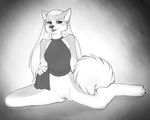  ajna bottomless canine clothed clothing dog female greyscale hair long_hair mammal monochrome pussy skimpy solo tongue tongue_out 