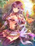  angelmaster arrow bow_(weapon) breasts cat cleavage grey_hair hair_ornament holding kahlua_(angelmaster) large_breasts long_hair looking_at_viewer navel neme official_art purple_eyes solo squatting weapon 