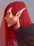  2018 ainur bust_portrait clothed clothing commander_ledi ear_piercing eyelashes eyeshadow glowing glowing_eyes grey_background hair humanoid long_hair makeup male not_furry orange_eyes piercing pointy_ears portrait red_hair sauron_(tolkien) side_view simple_background solo 
