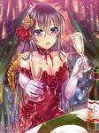  alcohol angelmaster black_hair breasts champagne cleavage dress gift glass hair_ornament holding kahlua_(angelmaster) large_breasts long_hair looking_at_viewer neme official_art open_mouth purple_eyes red_dress solo 
