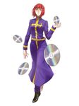  belt black_footwear breasts cd cosplay cross enrico_pucci enrico_pucci_(cosplay) high_collar highres holding_cd hot_pants_(sbr) jojo_no_kimyou_na_bouken long_pants long_sleeves pants priest purple_pants purple_robe red_hair robe si_turtle solo steel_ball_run yellow_belt yellow_eyes 