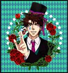  argyle argyle_background bad_boy brown_hair facial_mark flower green_eyes hat hat_ribbon jojo_no_kimyou_na_bouken joseph_joestar_(young) male_focus one_eye_closed red_flower red_rose ribbon rose solo star tattoo teardrop thorns top_hat 