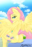  absurd_res anthro back_turned bedroom_eyes blue_eyes blush cutie_mark equine feathers female fluttershy_(mlp) friendship_is_magic fur hair hi_res hooves horse kyokimute long_hair looking_at_viewer looking_back mammal my_little_pony outside pegasus pink_hair pony presenting raised_tail sitting smile solo wings yellow_fur 