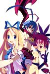  2girls antenna_hair belt black_gloves blonde_hair blue_eyes blue_hair bow bracelet crossed_arms disgaea earrings etna flonne gloves grin hair_bow harada_takehito highres jewelry laharl makai_senki_disgaea multiple_girls official_art pointy_ears red_eyes red_hair scarf shirtless short_hair shorts slit_pupils smile spiked_hair twintails white_background 