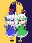  blue_eyes blue_hair chibi dual_persona ex-keine green_hair hat horn_ribbon horns ishimu kamishirasawa_keine long_hair moon multicolored_hair red_eyes ribbon symmetrical_hand_pose touhou two-tone_hair 