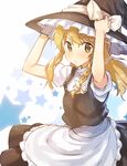  apron arms_up bad_id bad_twitter_id blonde_hair bow braid frills hair_bow hair_ornament hat hat_ribbon highres kirisame_marisa long_hair looking_at_viewer puffy_sleeves ribbon shinoba shirt short_sleeves side_braid simple_background single_braid skirt skirt_set solo star starry_background touhou turtleneck vest waist_apron white_background witch_hat yellow_eyes 