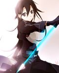  belt black_eyes black_hair breastplate energy_sword gloves hair_between_eyes highres holding holding_weapon kirito kirito_(sao-ggo) long_hair looking_at_viewer male_focus otoko_no_ko solo sword sword_art_online tsukimori_usako weapon 