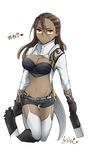  amy7996659 blush breasts brown_eyes brown_hair cleavage dark_skin dual_wielding genderswap genderswap_(mtf) gloves groin gun hairlocs highres holding large_breasts league_of_legends lipstick looking_at_viewer lucian_(league_of_legends) makeup midriff navel shiny shiny_skin short_shorts shorts skindentation solo thigh_gap weapon 