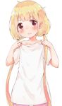  bad_id bad_pixiv_id blonde_hair blush flat_chest futaba_anzu highres idolmaster idolmaster_cinderella_girls long_hair off_shoulder rima_(rimarip) shirt simple_background solo t-shirt twintails white_background 